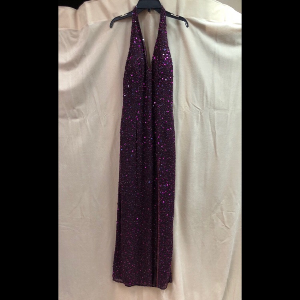 Vintage Fully Beaded/Sequin Wine Halter Gown - Picture 7 of 8